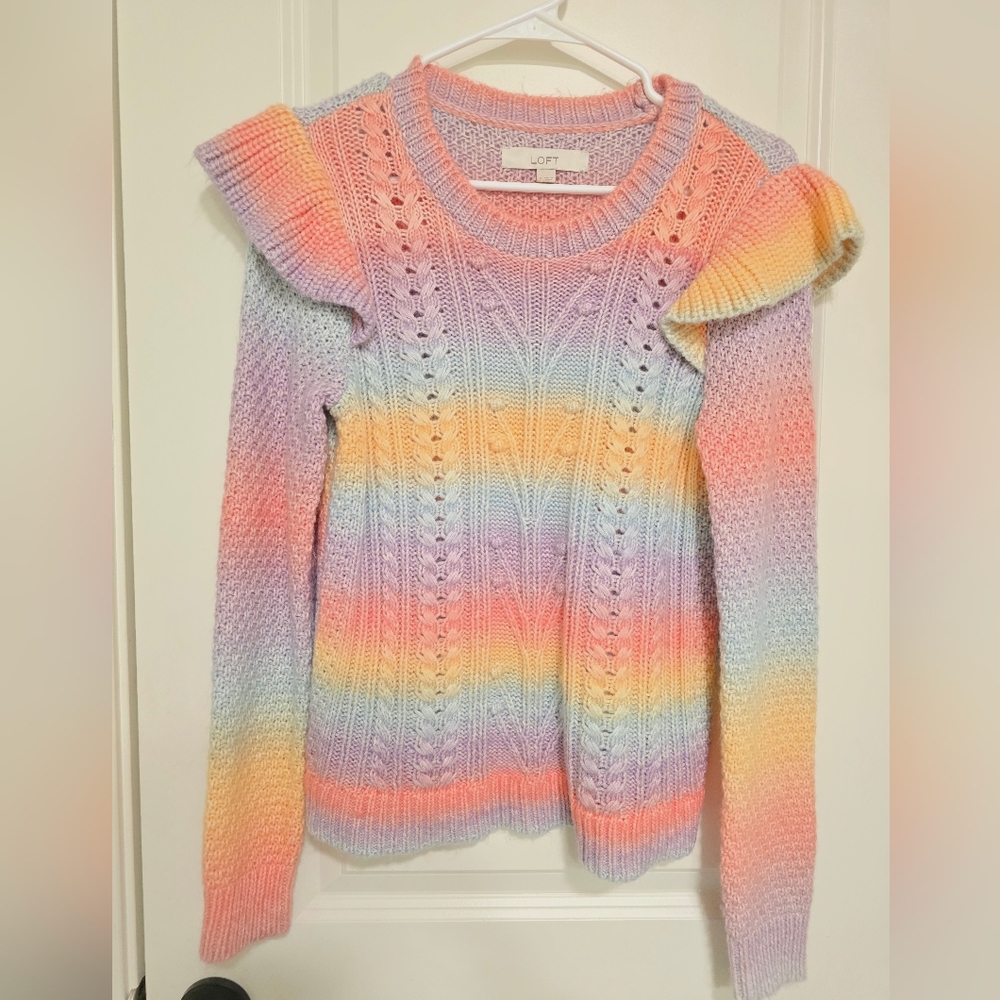 LOFT Multicolor Rainbow Ruffle Sweater